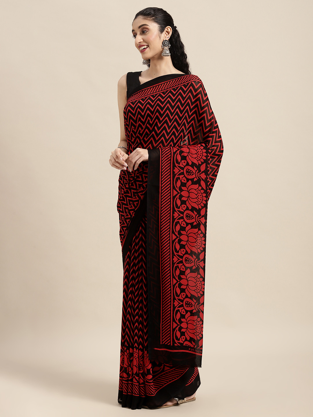 

KALINI Black & Red Printed Saree