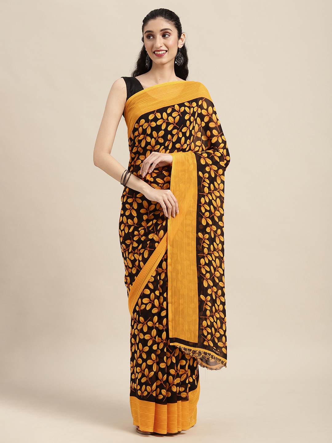 

KALINI Black & Yellow Floral Saree