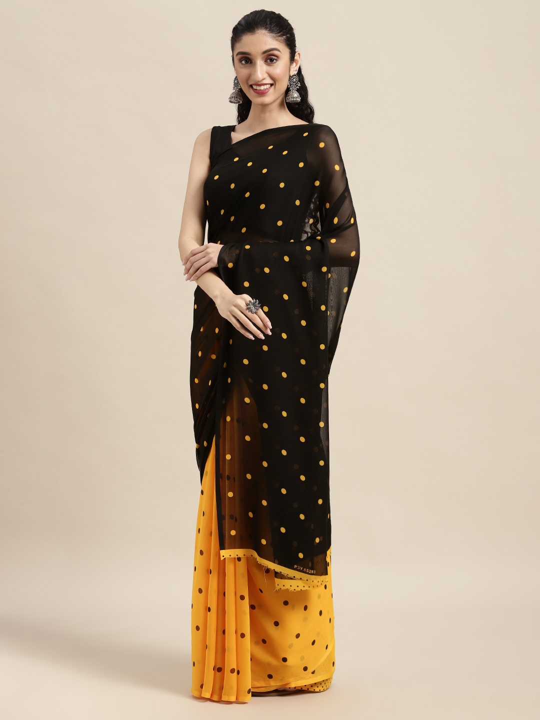 

Moda Rapido Black & Yellow Pola Dots Printed Half and Half Saree