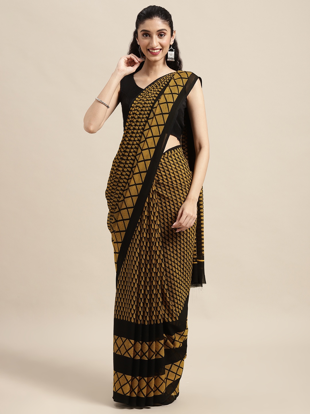 

ANAND SAREES Black Yellow Printed Saree