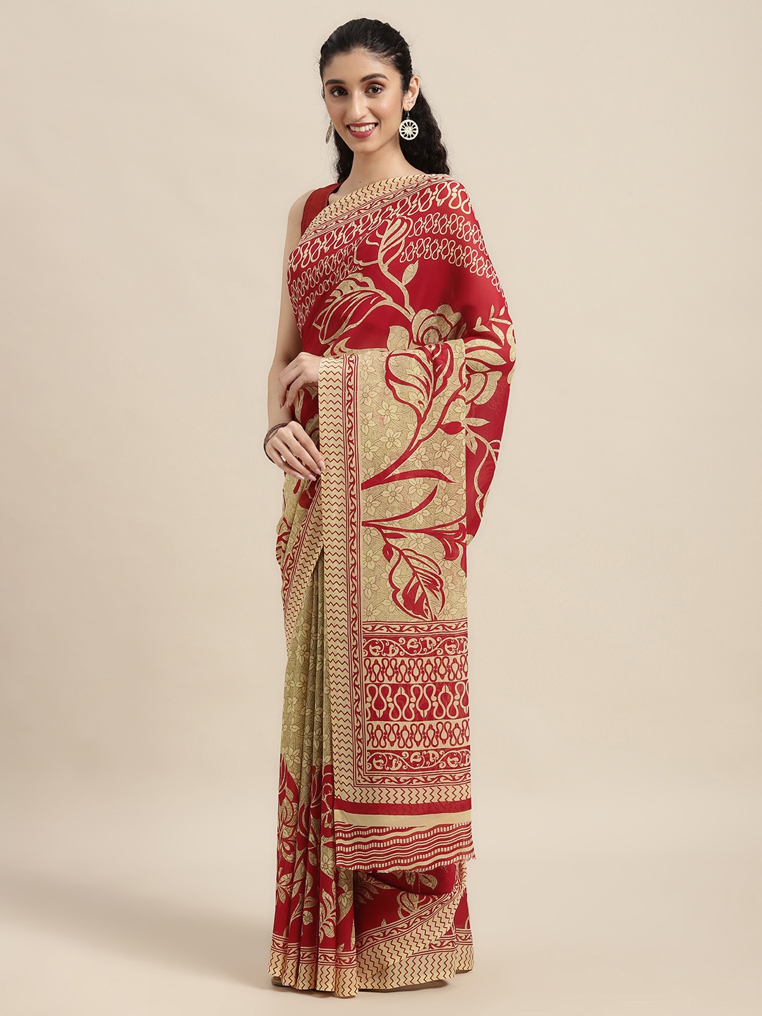 

KALINI Red & Beige Floral Saree