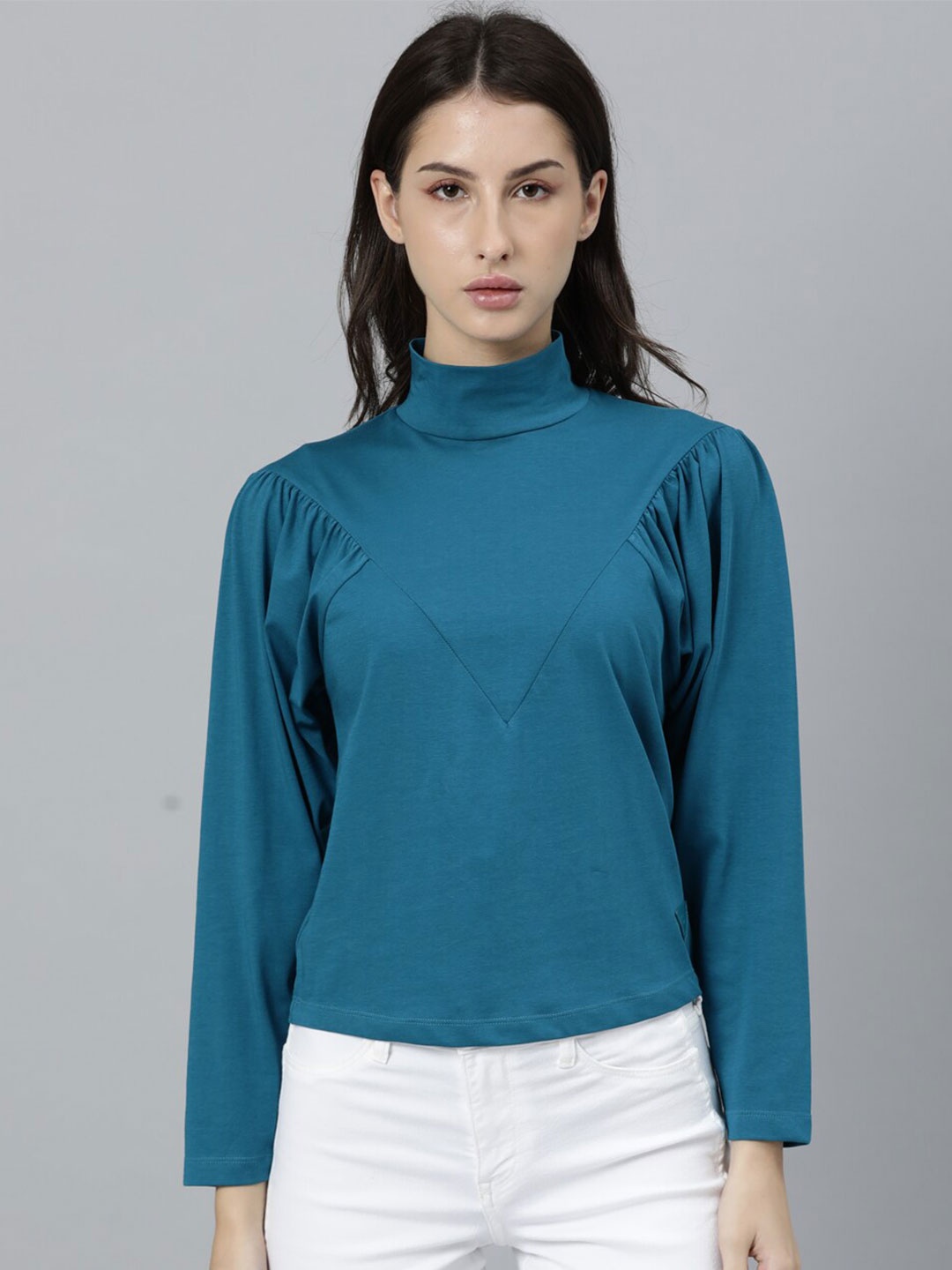 

RAREISM Women Blue Colourblocked High Neck Applique T-shirt