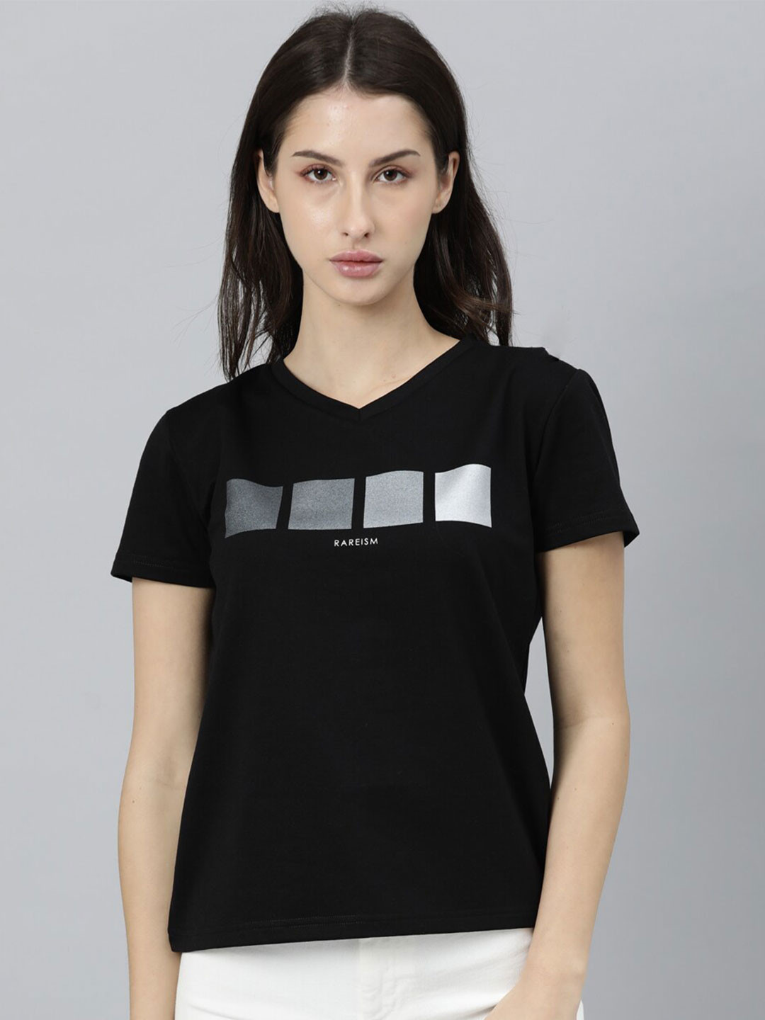 

RAREISM Women Black & Grey Printed V-Neck Cotton T-shirt