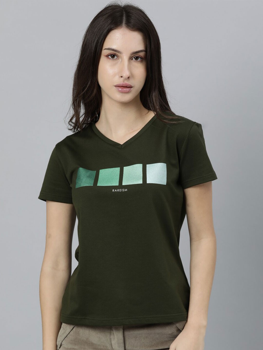 

RAREISM Women Olive Green Printed V-Neck Cotton T-shirt
