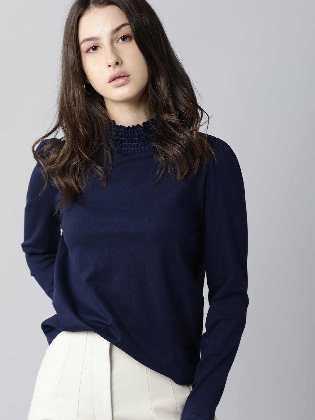 

RAREISM Women Navy Blue High Neck Cotton T-shirt