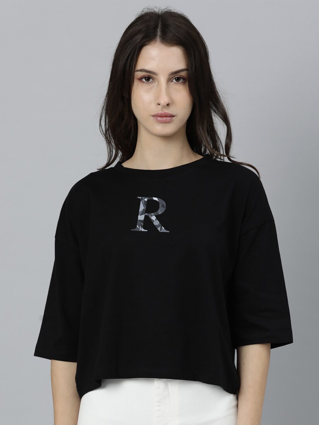 

RAREISM Women Black & Grey Typography Printed Drop-Shoulder Sleeves Cotton T-shirt