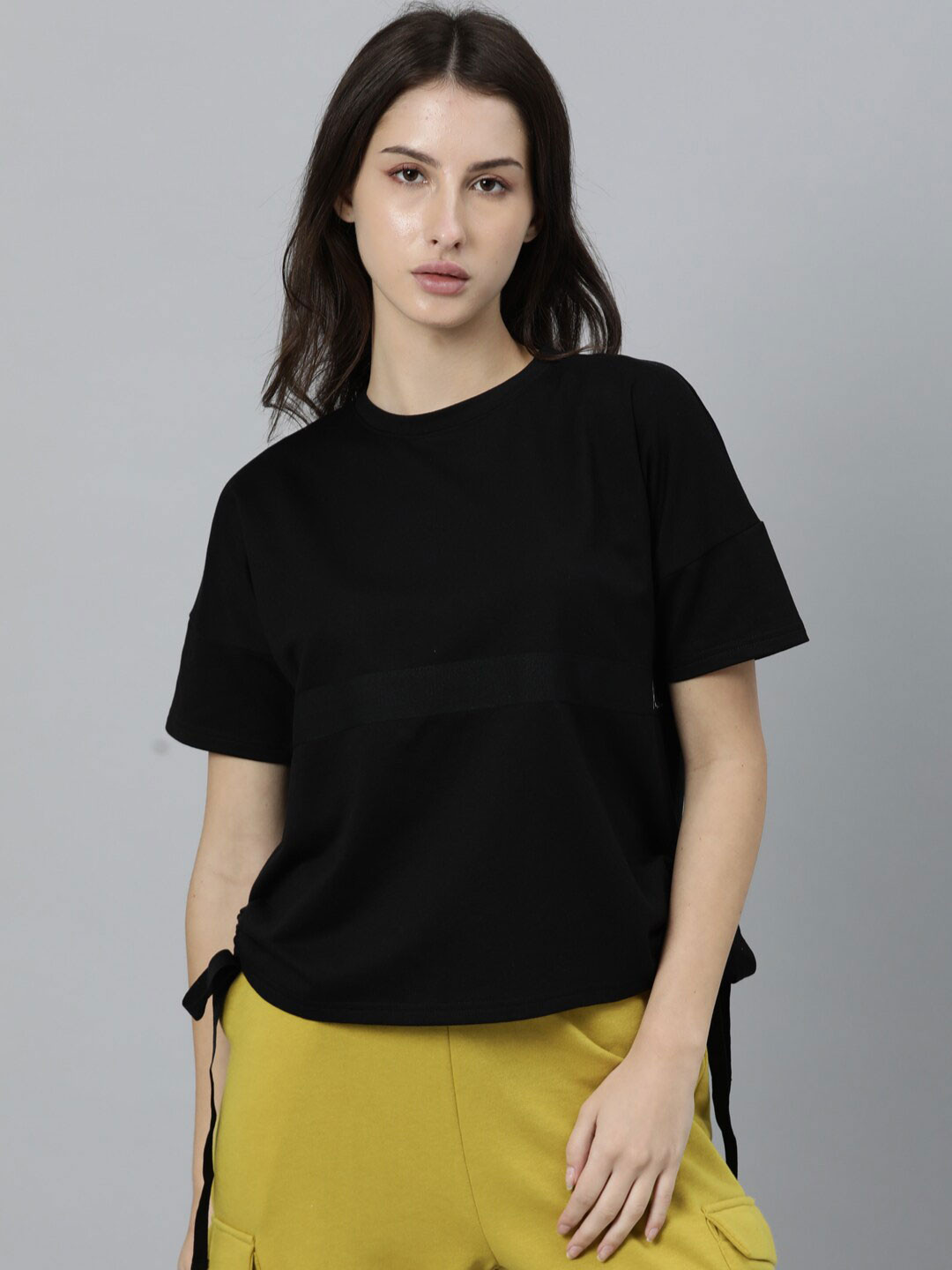 

RAREISM Women Black Drop-Shoulder Sleeves T-shirt