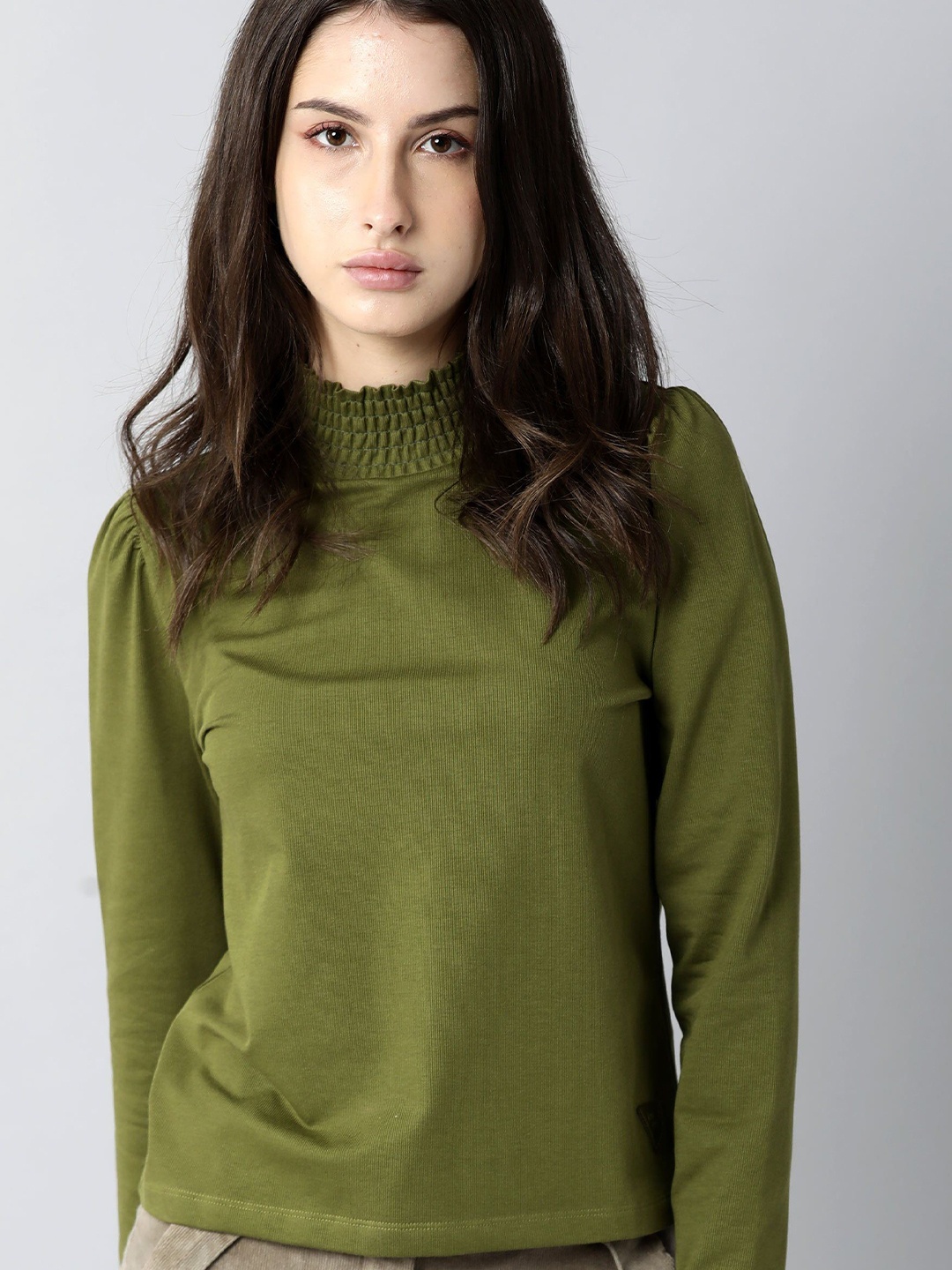 

RAREISM Women Olive Green High Neck Extended Sleeves Cut Outs T-shirt