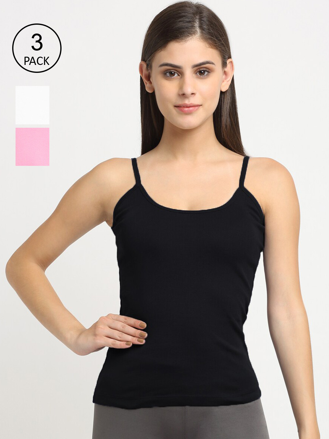 

Friskers Women Pack Of 3 Solid Non-Padded Regular-Fit Camisoles, Black