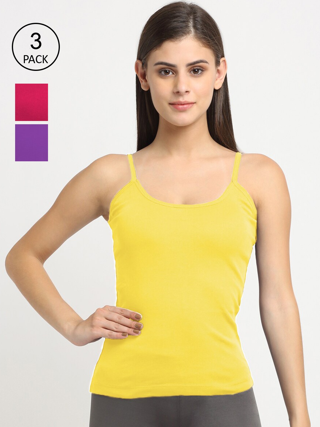 

Friskers Women Pack Of 3 Solid 180 GSM Cotton Rib Camisoles, Yellow