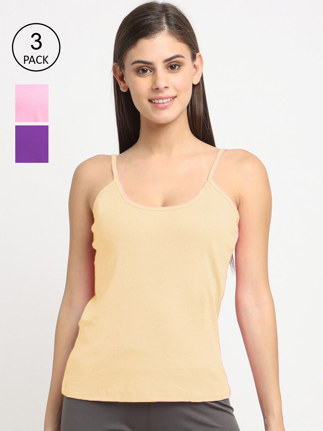 

Friskers Women Pack Of 3 Solid Non-Padded Camisoles, Beige