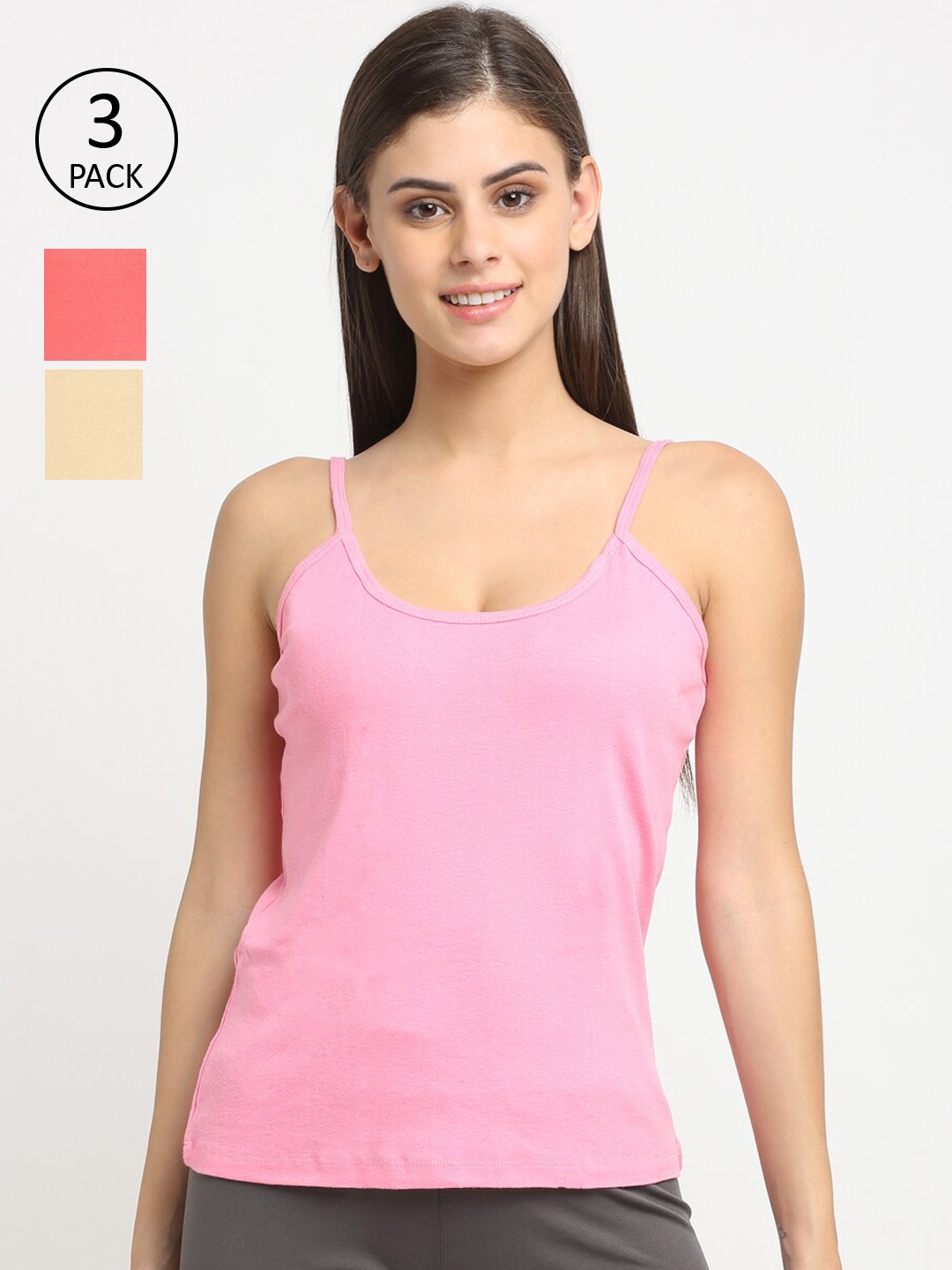 

Friskers Women Pack Of 3 Solid Cotton Camisole, Beige