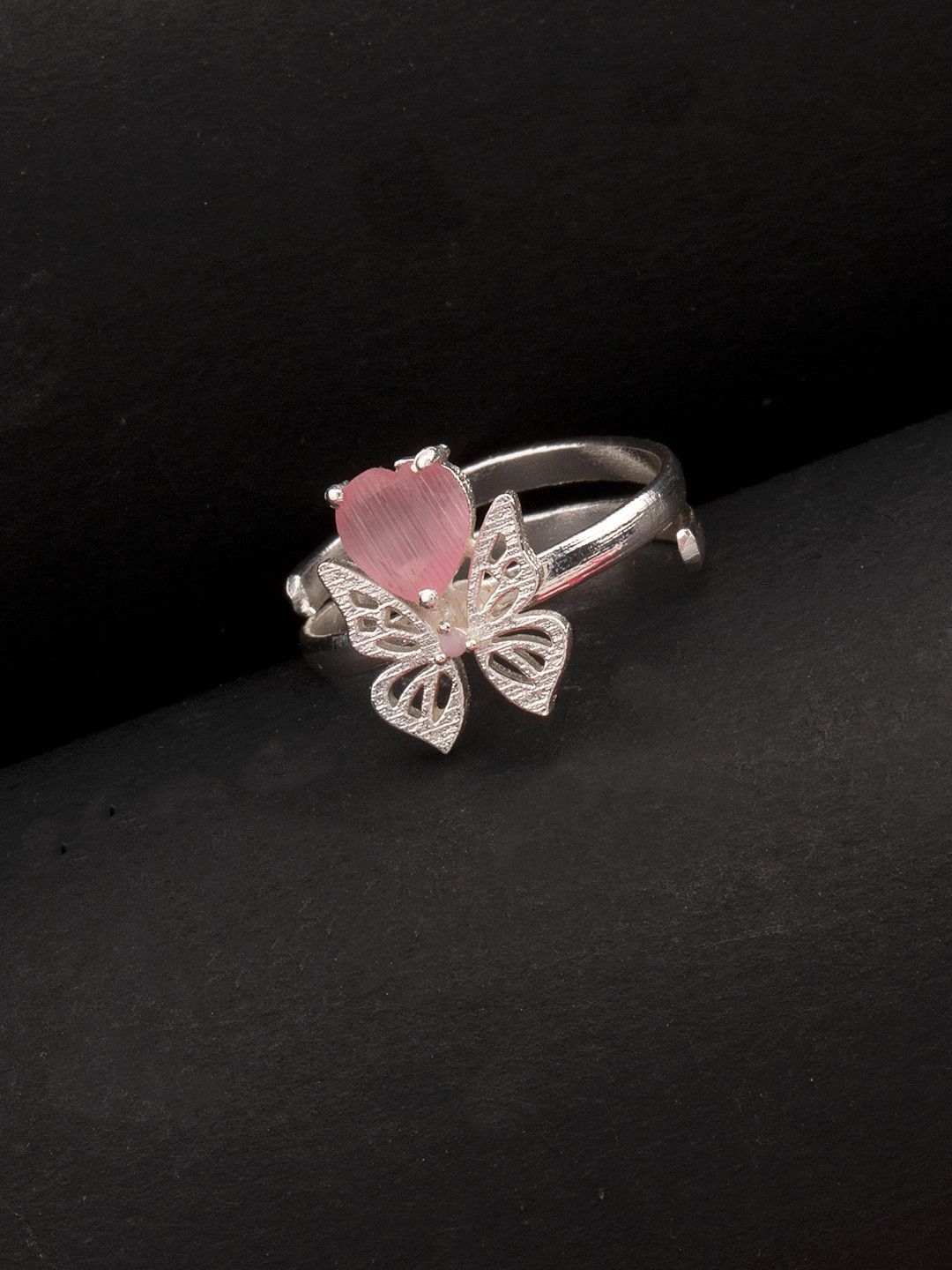 

Voylla Silver-Plated Pink Stone Studded Antique Finger Ring