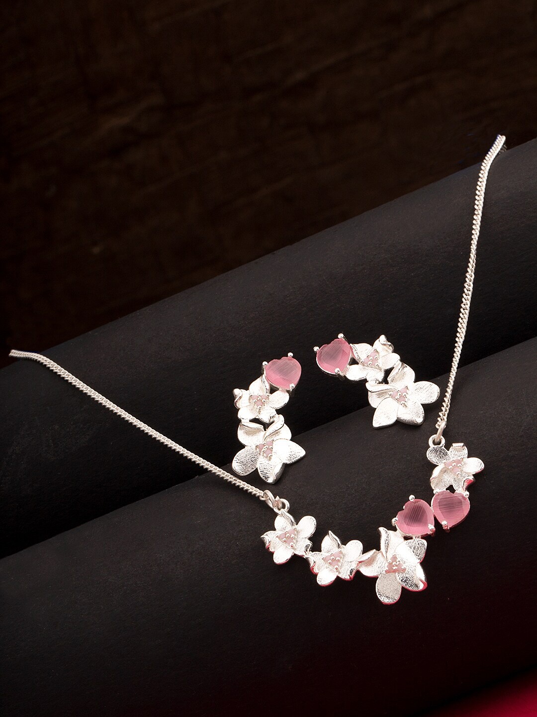 

Voylla White & Pink Brass Silver Plated Floral Pendant Set