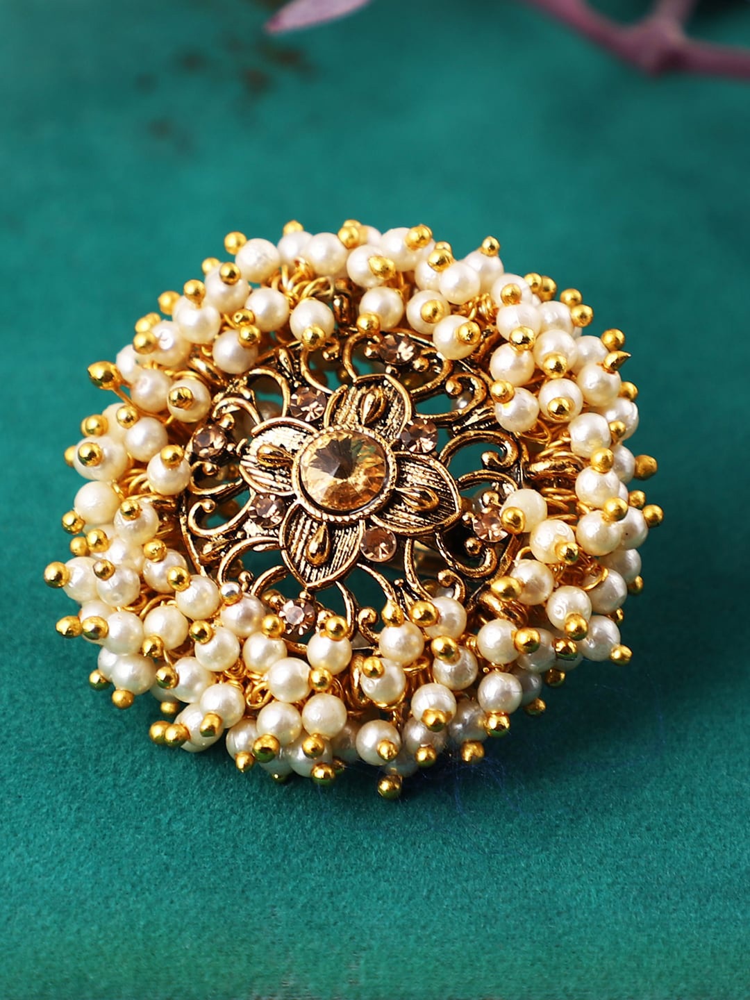

ANIKAS CREATION Woman Gold Tone Embellished With Pearls Adjustable Finger Ring