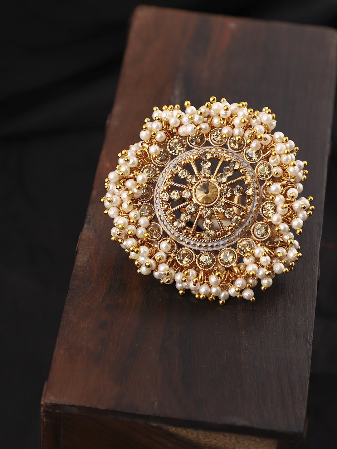 

ANIKAS CREATION Gold-Toned & White Brass Gold Plated Adjustable Finger Ring