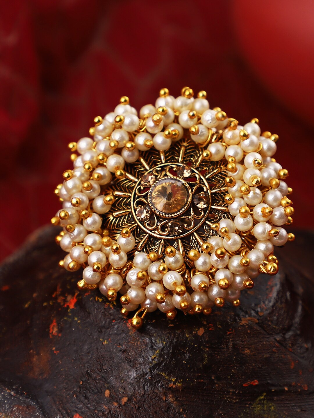 

ANIKAS CREATION Gold-Toned & White Brass Gold Plated Adjustable Finger Ring