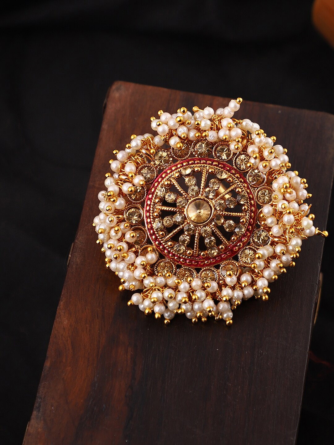 

ANIKAS CREATION Woman Gold Tone Embellished With Pearls Adjustable Finger Ring