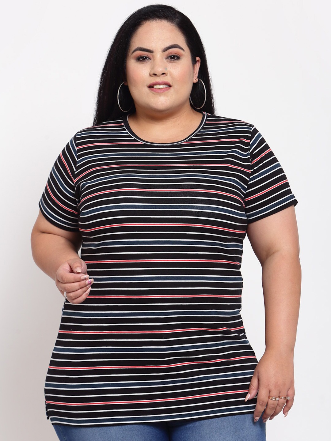 

plusS Women Black & White Striped T-shirt