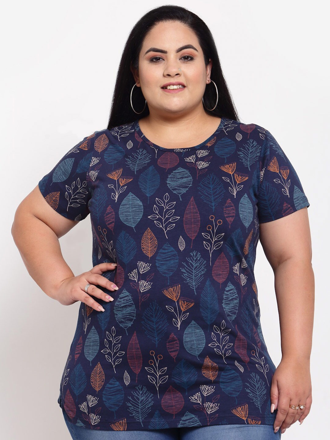 

plusS Women Blue & Pink Floral Printed T-shirt