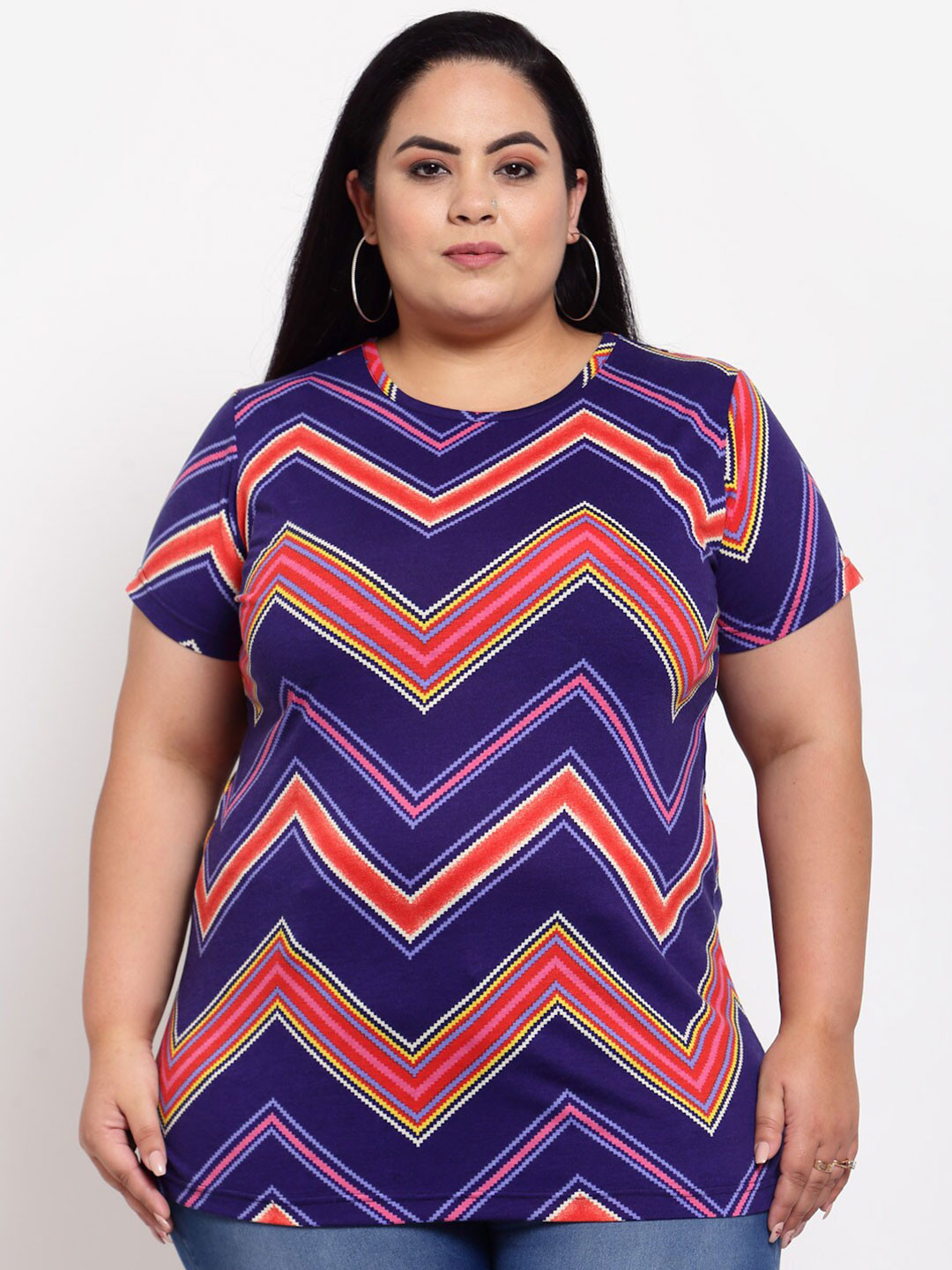 

plusS Women Plus Size Purple & Pink Printed Cotton T-shirt