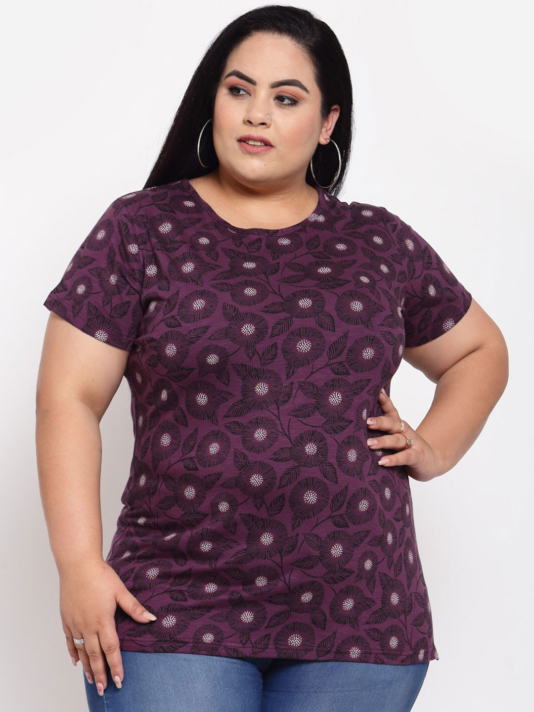 

plusS Women Purple & Black Floral Printed T-shirt