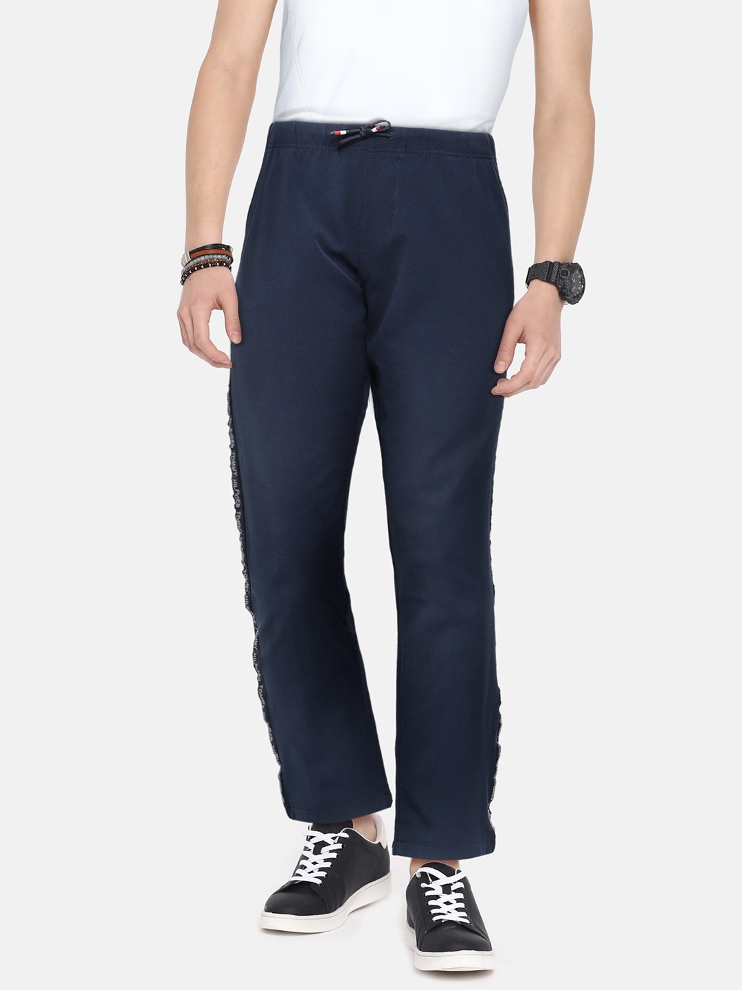 

Tommy Hilfiger Boys Navy Blue Slim Fit Track Pant with Brand Logo Side Taping