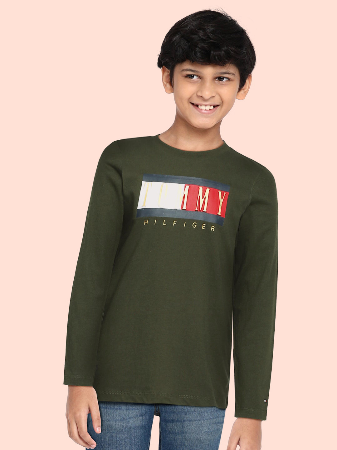 

Tommy Hilfiger Boys Olive Green Brand Logo Printed BB AI TJ TD Pure Organic Cotton T-shirt