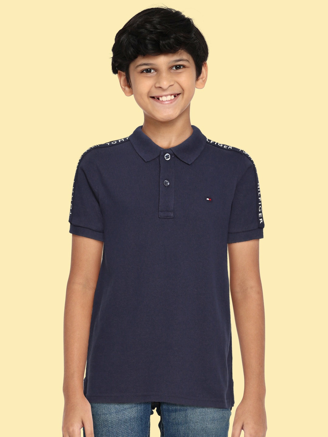 

Tommy Hilfiger Boys Navy Blue Brand Logo Organic Cotton Polo Collar T-shirt