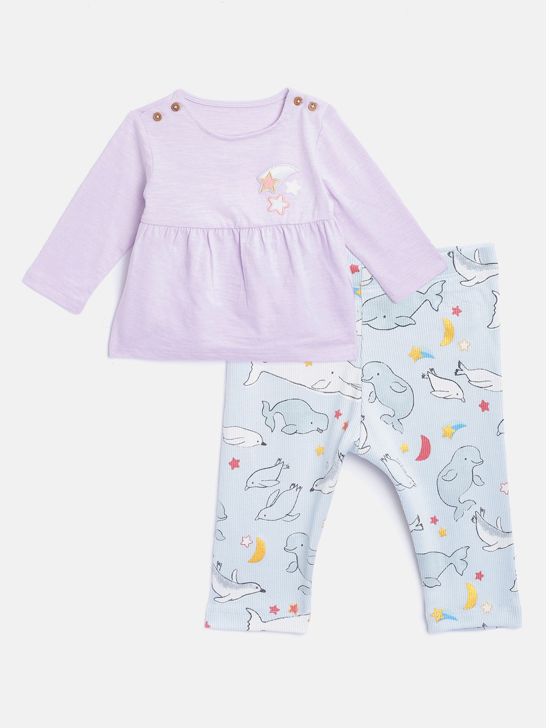 

Marks & Spencer Infant Girls Lavender & Blue Solid Tunic with Printed Pyjamas