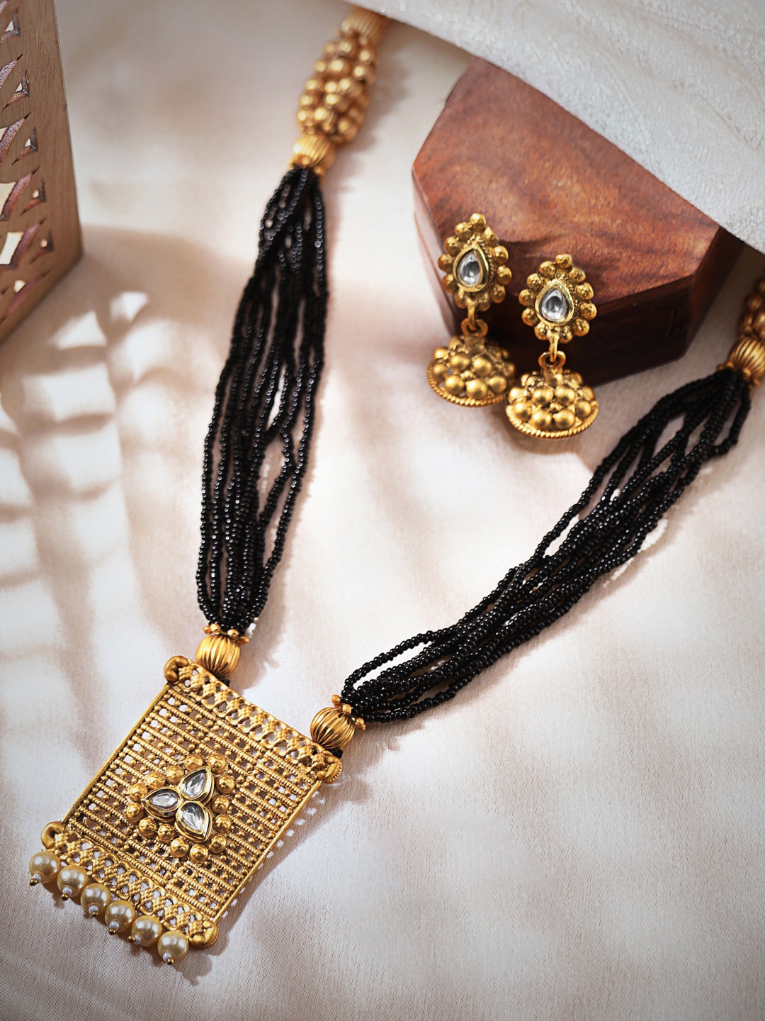

Rubans 22k Gold-Plated Black & White Kundan-Studded & Black Beaded Jewellery Set