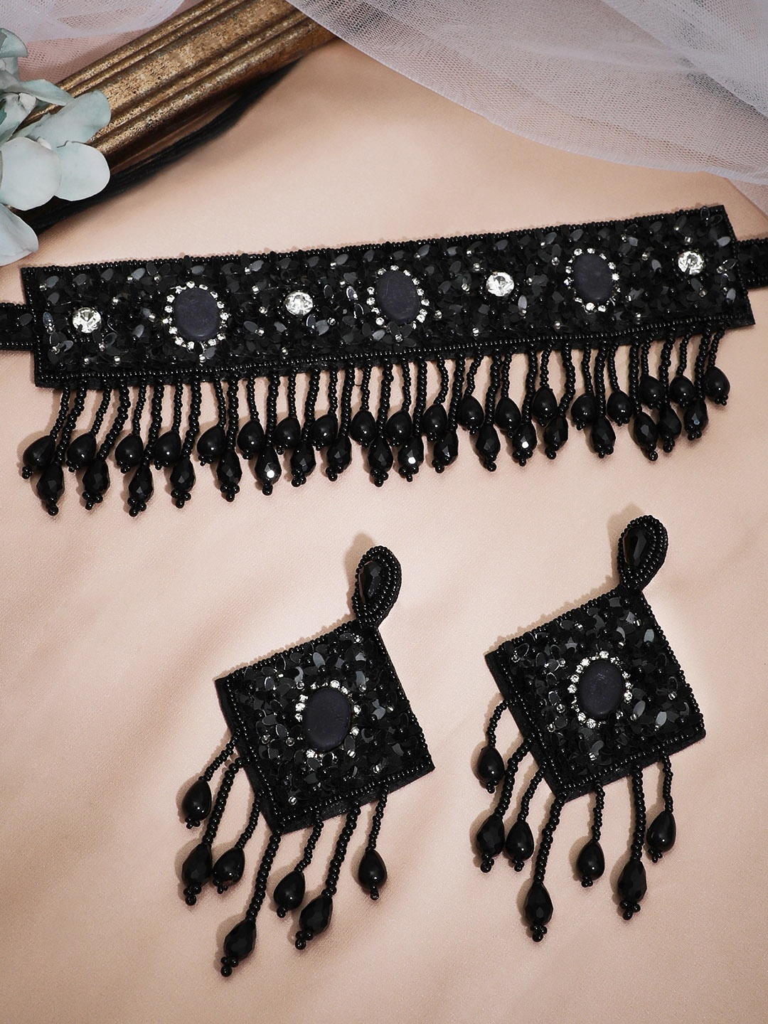 

Rubans Black & White Stones-Studded Beaded Handcrafted Embroidery Jewellery Set