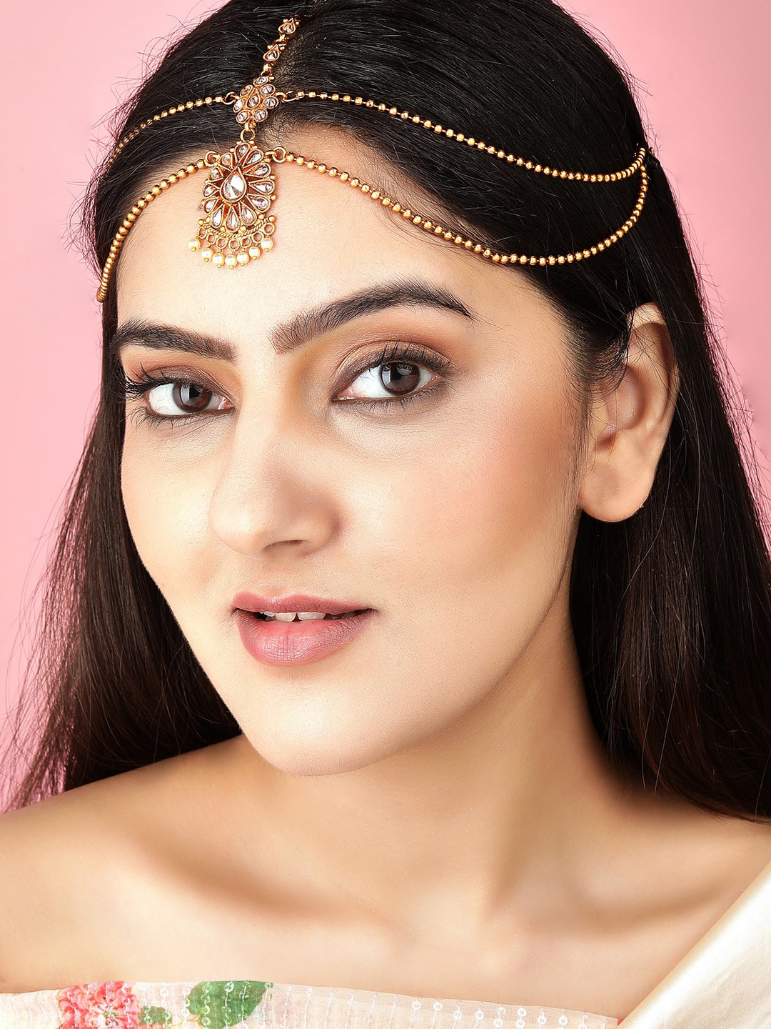 

Rubans Gold-Plated White Stone-Studded & Beaded Handcrafted Matha Patti