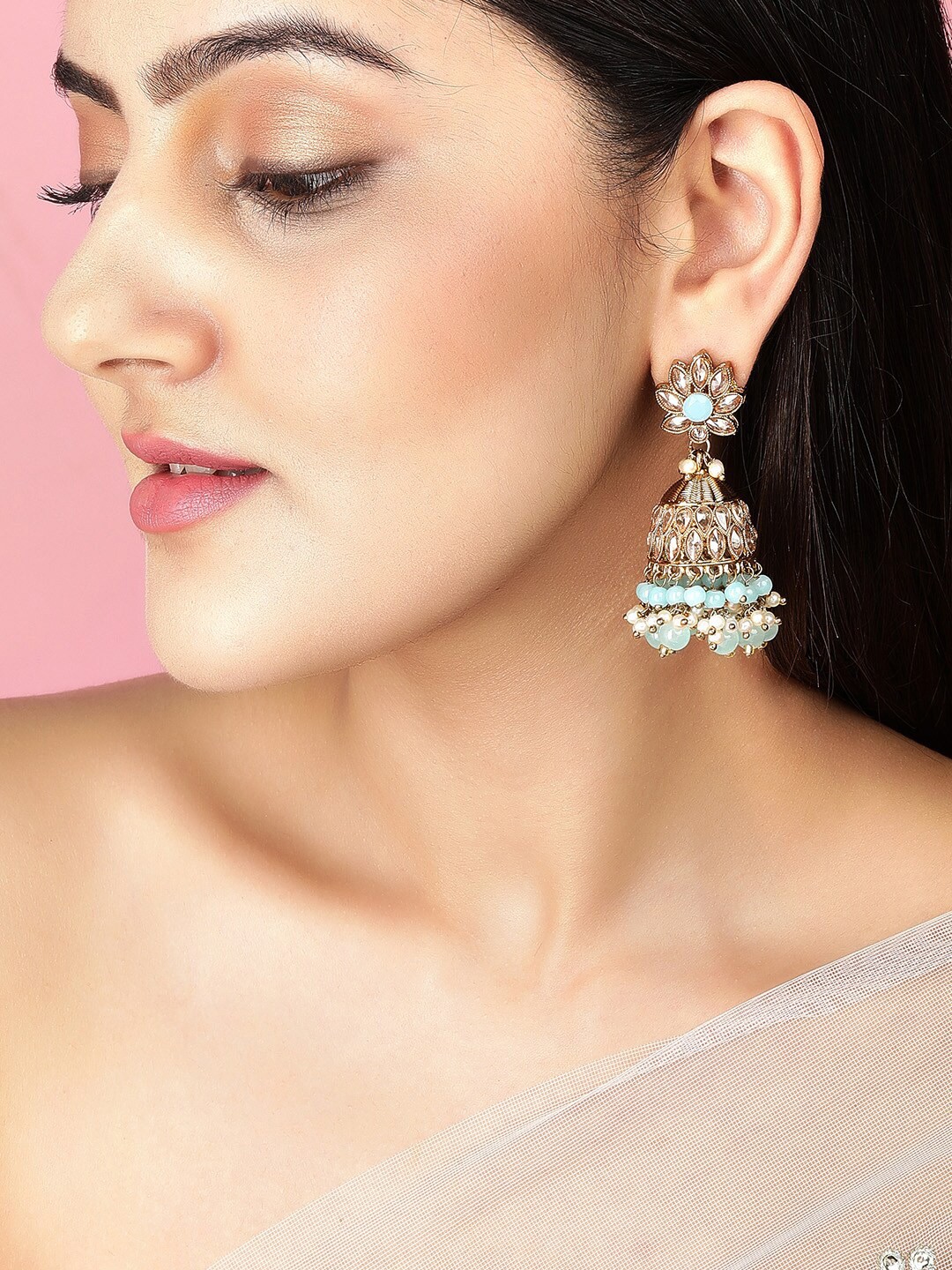 

Rubans Gold-Toned & Blue AD Studded Dome Shaped Jhumkas Earrings