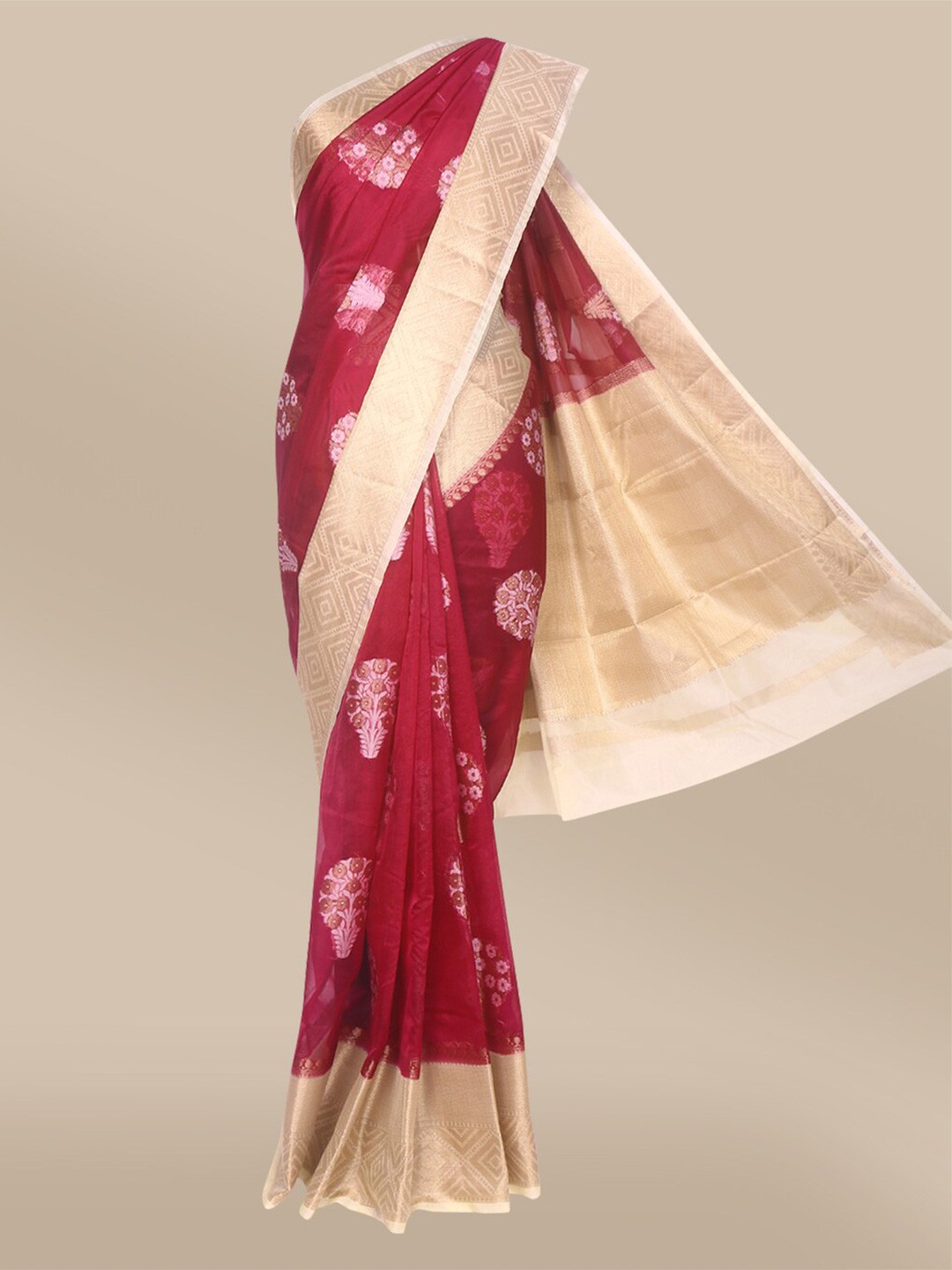 

The Chennai Silks Violet & Gold-Toned Floral Zari Tissue Saree