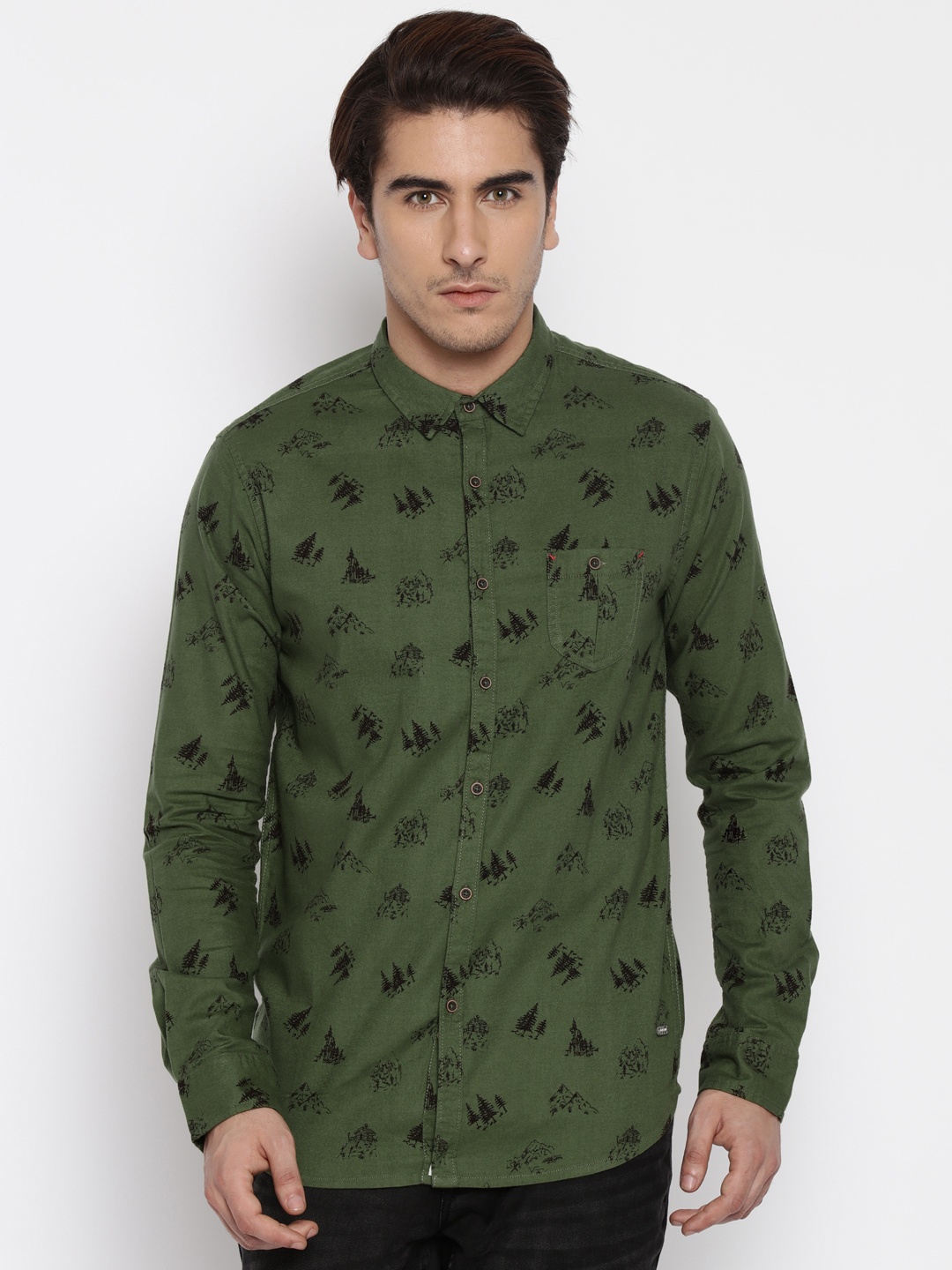 

Status Quo Men Olive Green Printed Casual Shirt