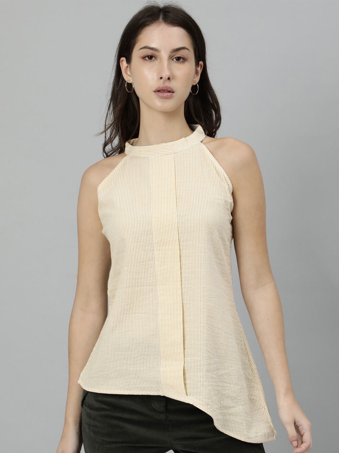 

RAREISM Yellow Striped Halter Neck Pure Cotton Regular Top