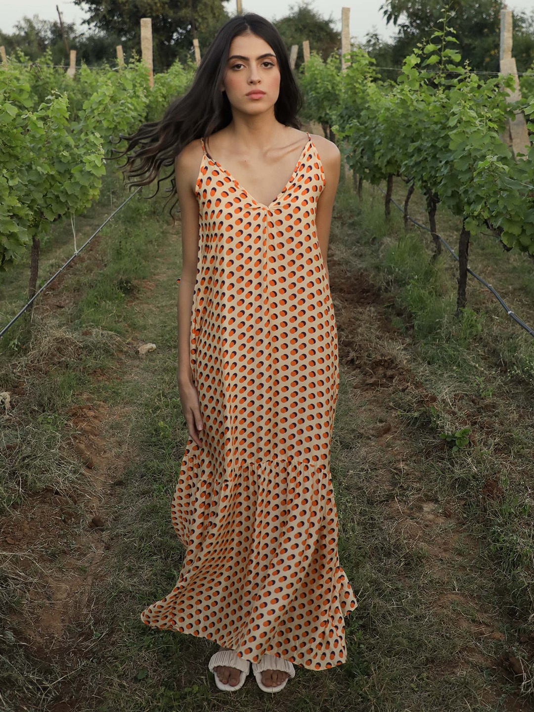 

RAREISM Orange Polka Dots Printed Maxi Dress