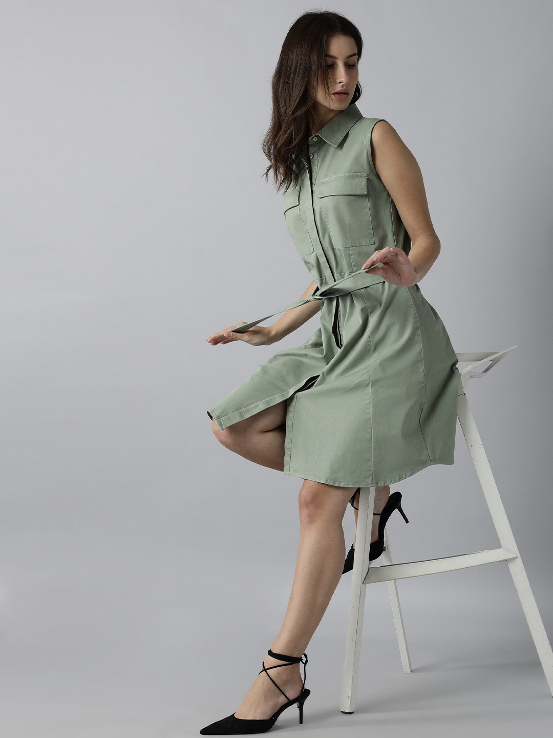 

RAREISM Green Solid Shirt Dress