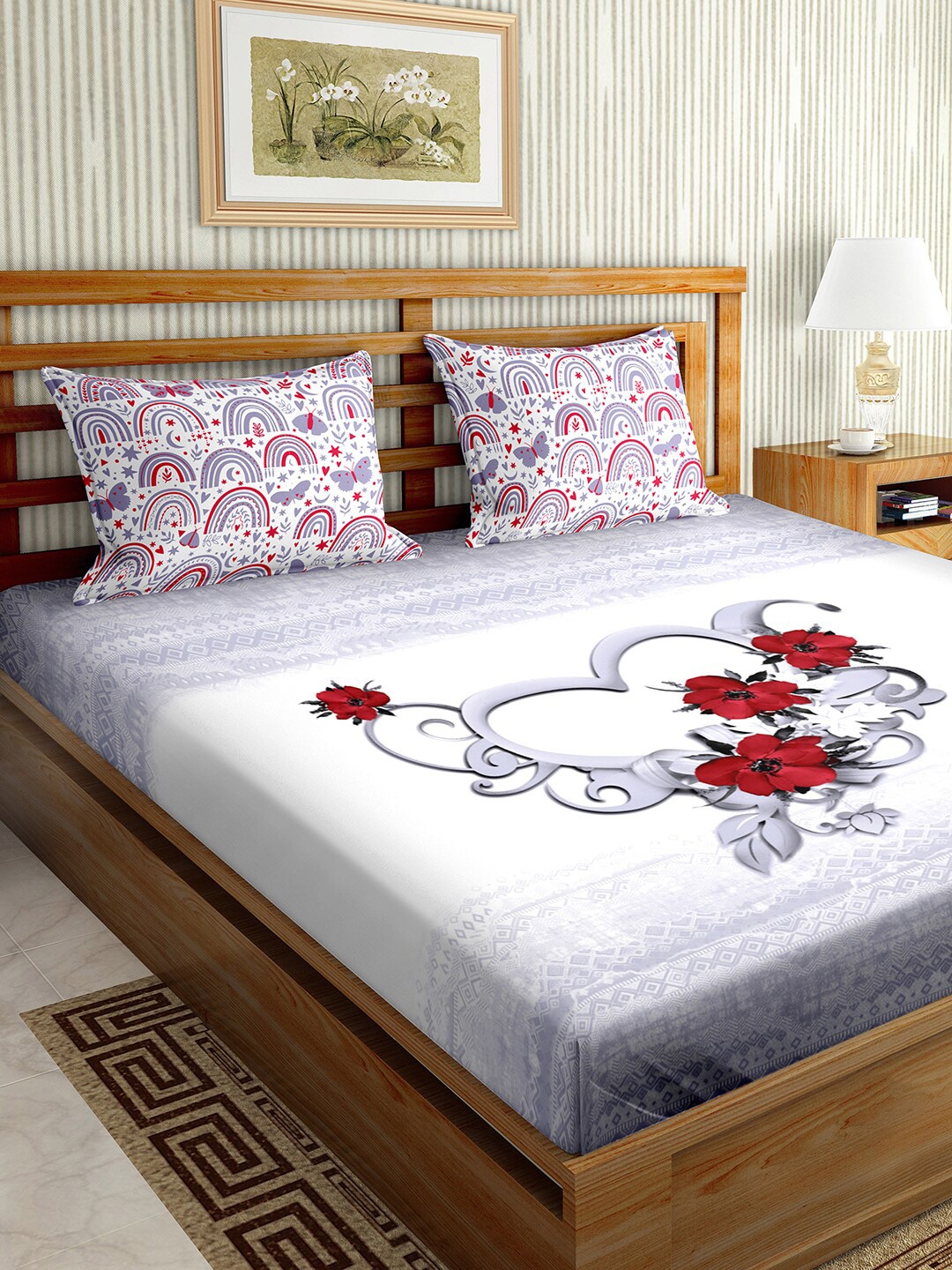 

BELLA CASA Purple & White 150 TC King Bedsheet with 2 Pillow Covers