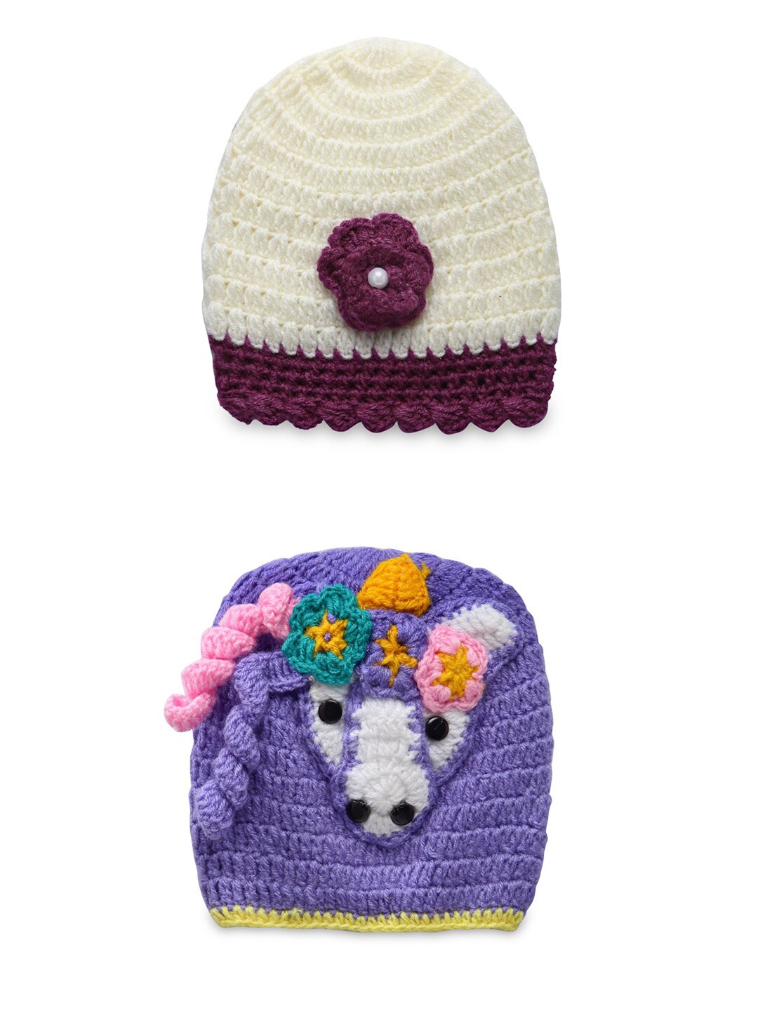 

CHUTPUT Kids Pack of 2 Off White & Purple Hand knitted Crochet Beanie