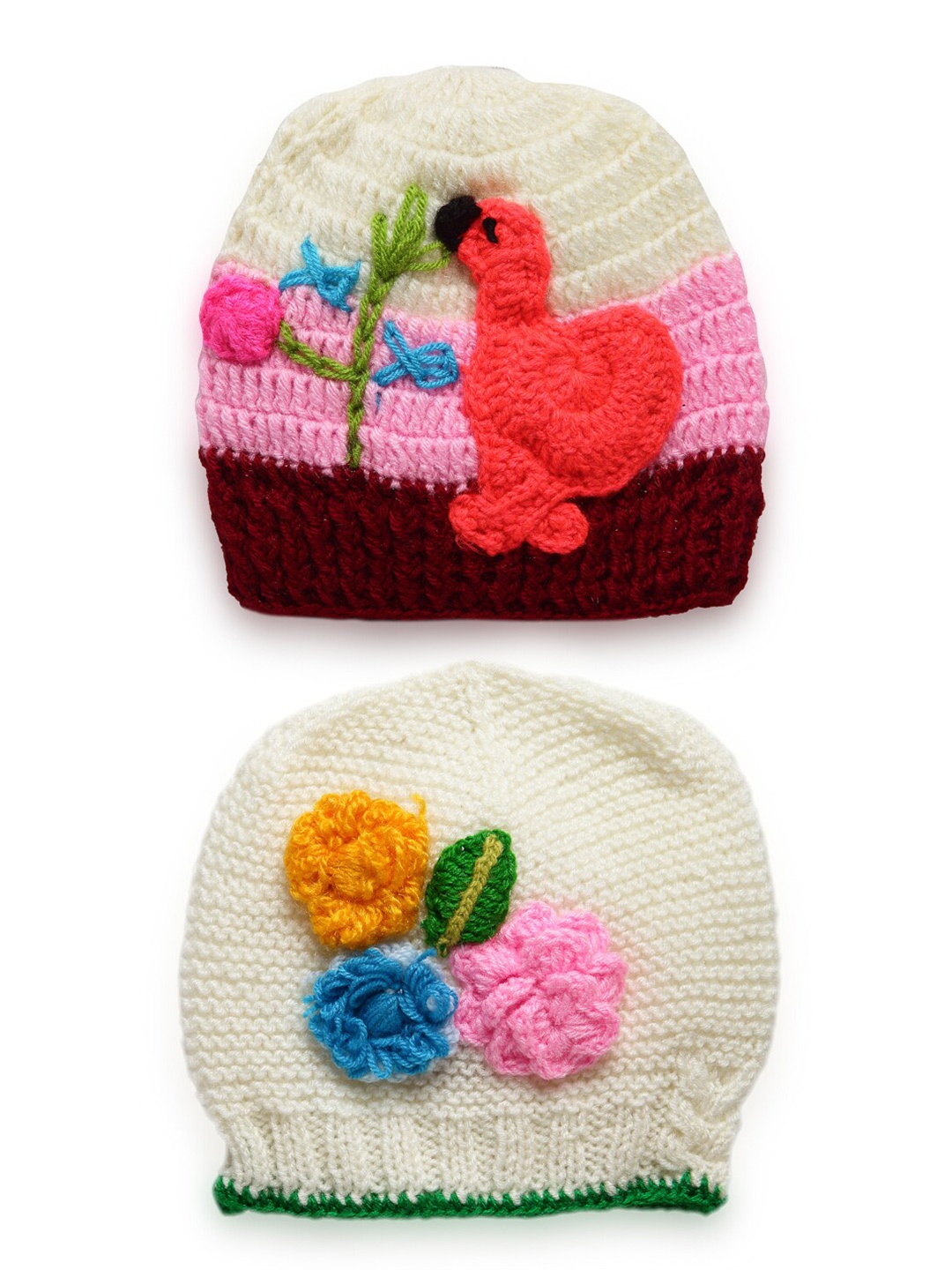 

CHUTPUT Unisex Kids Cream-Coloured & Pink Crochet Cap