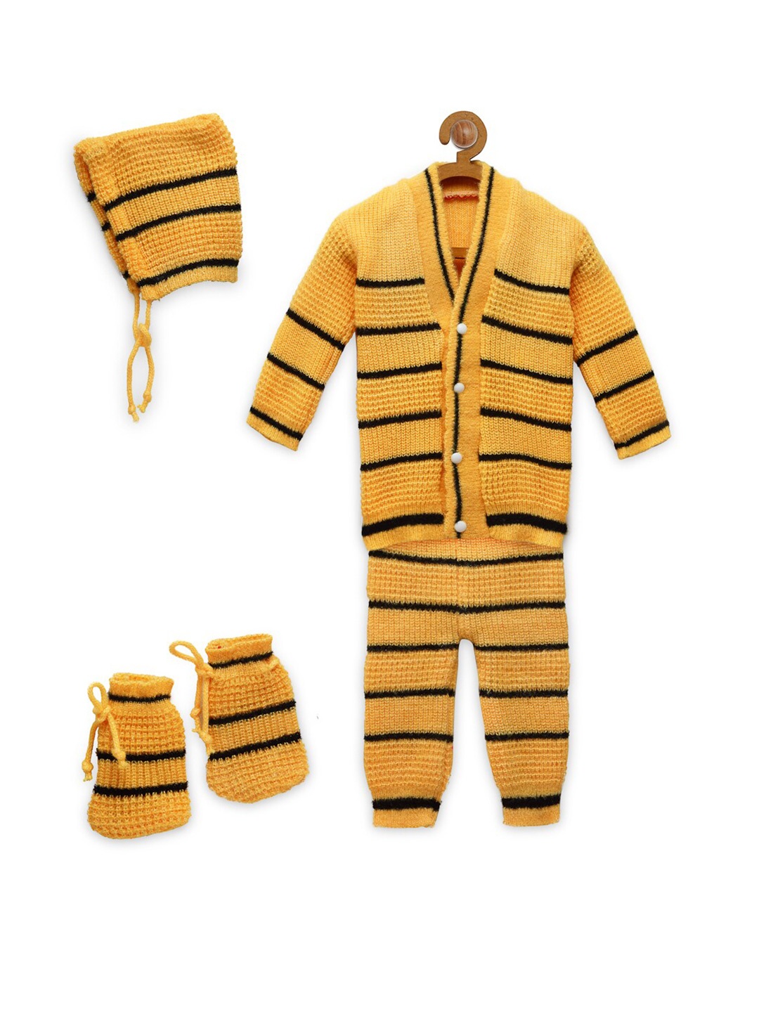 

CHUTPUT Kids Yellow & Black Striped Woollen Top with Pyjamas & Cap with Mittens