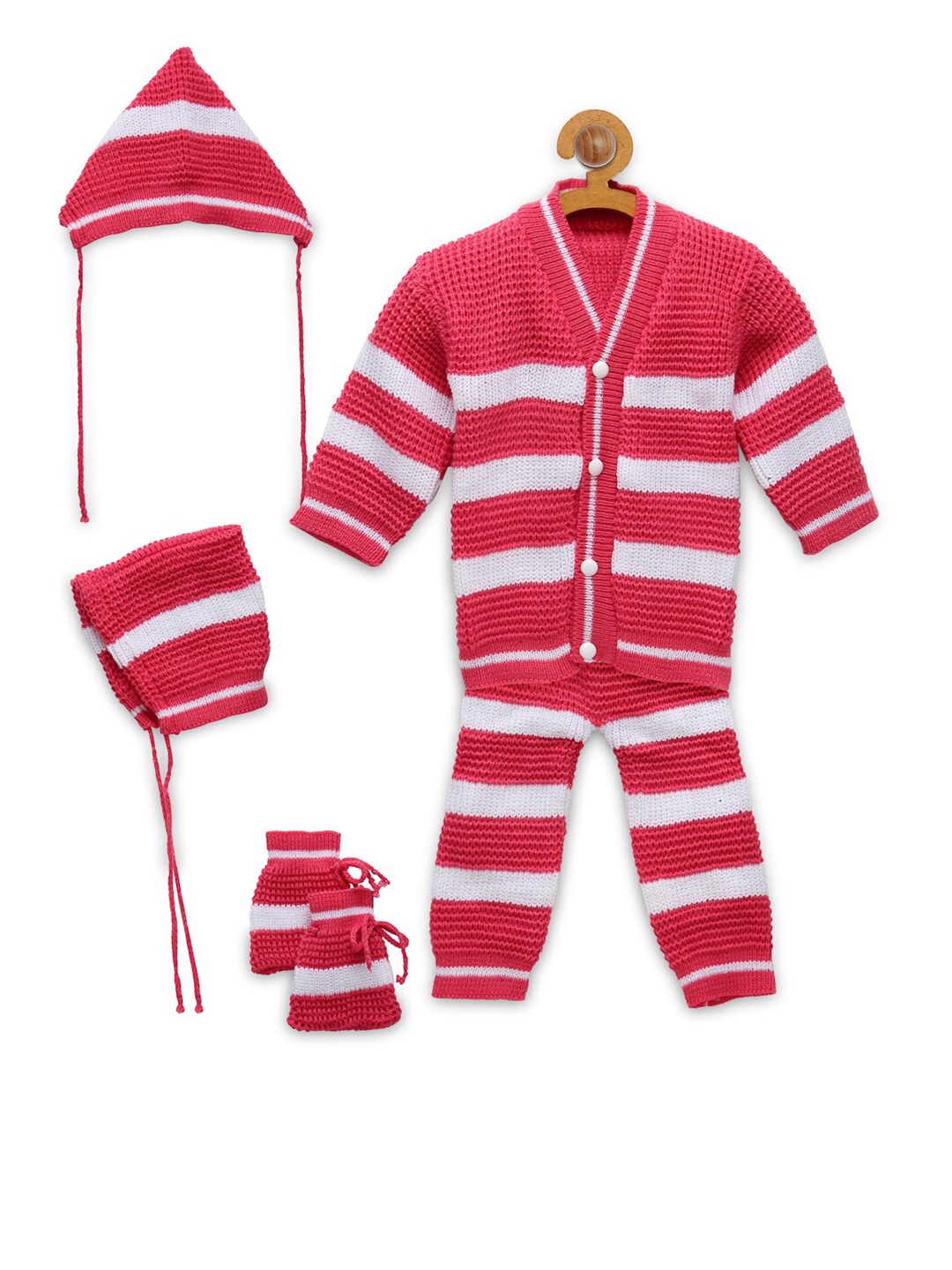 

CHUTPUT Unisex Kids Pink & White Striped Hand Knitted Crochet Pure Wool Clothing Set