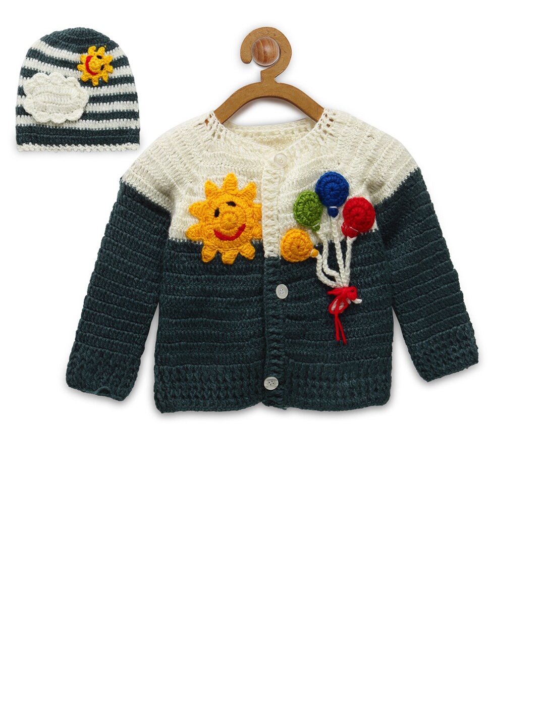 

CHUTPUT Unisex Kids Cream-Coloured & Yellow Embroidered Cardigan & Binnie