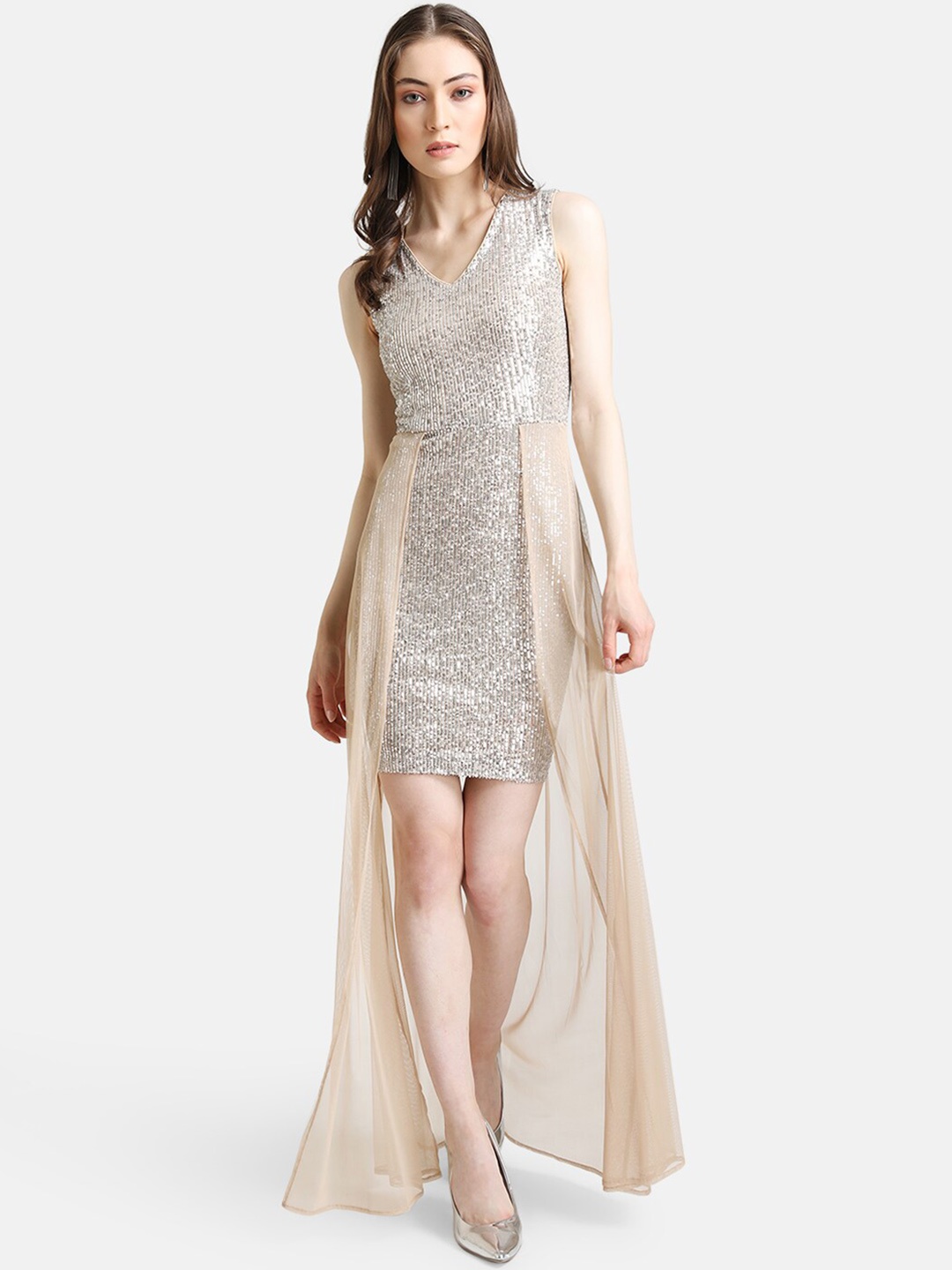 

Kazo Beige Embellished Sheath Dress with Net Layer
