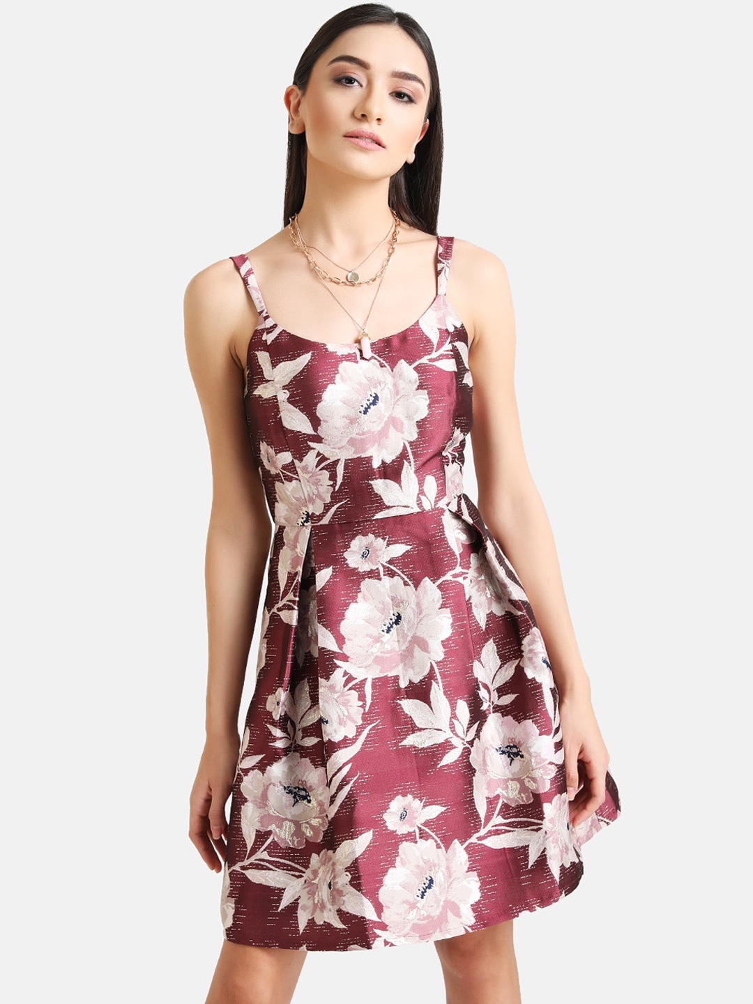 

Kazo Maroon Floral Printed Fit & Flare Mini Dress