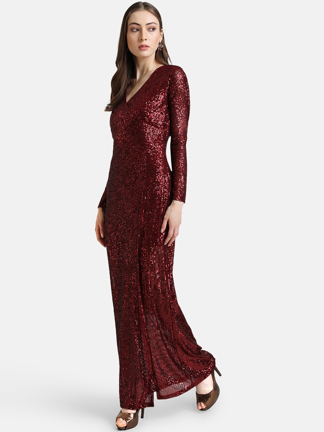 

Kazo Red Embellished Maxi Dress with Front Slit
