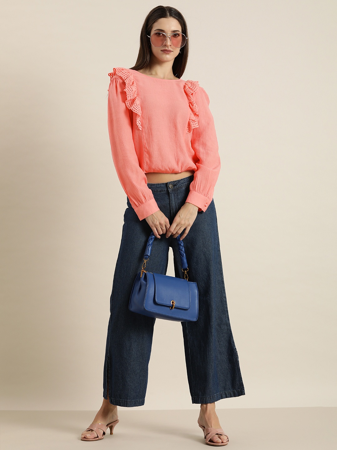 

Moda Rapido Pink Solid Ruffles Blouson Crop Top