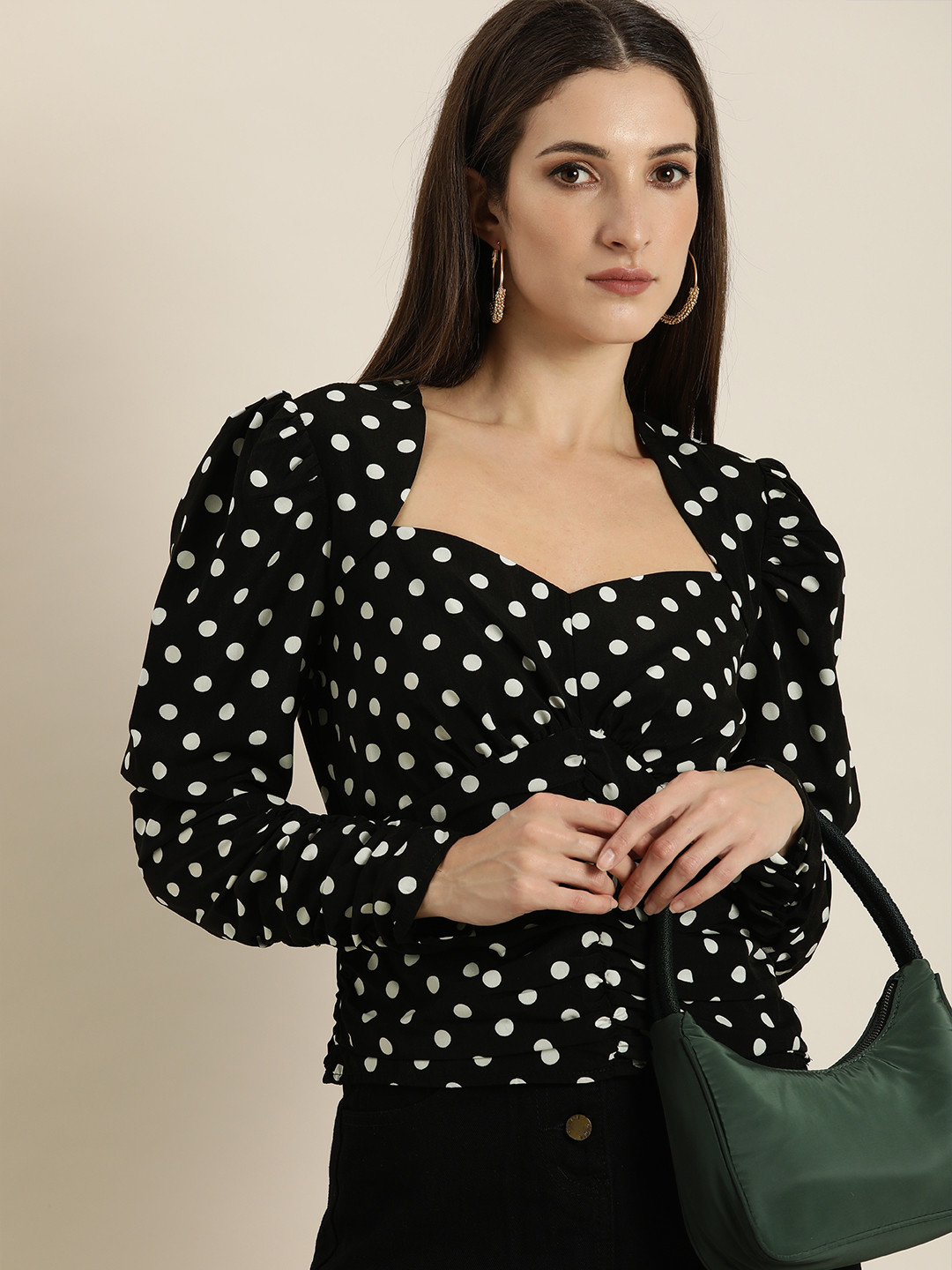 

Moda Rapido Black & White Polka Dots Print Sweetheart Neck Ruched Top